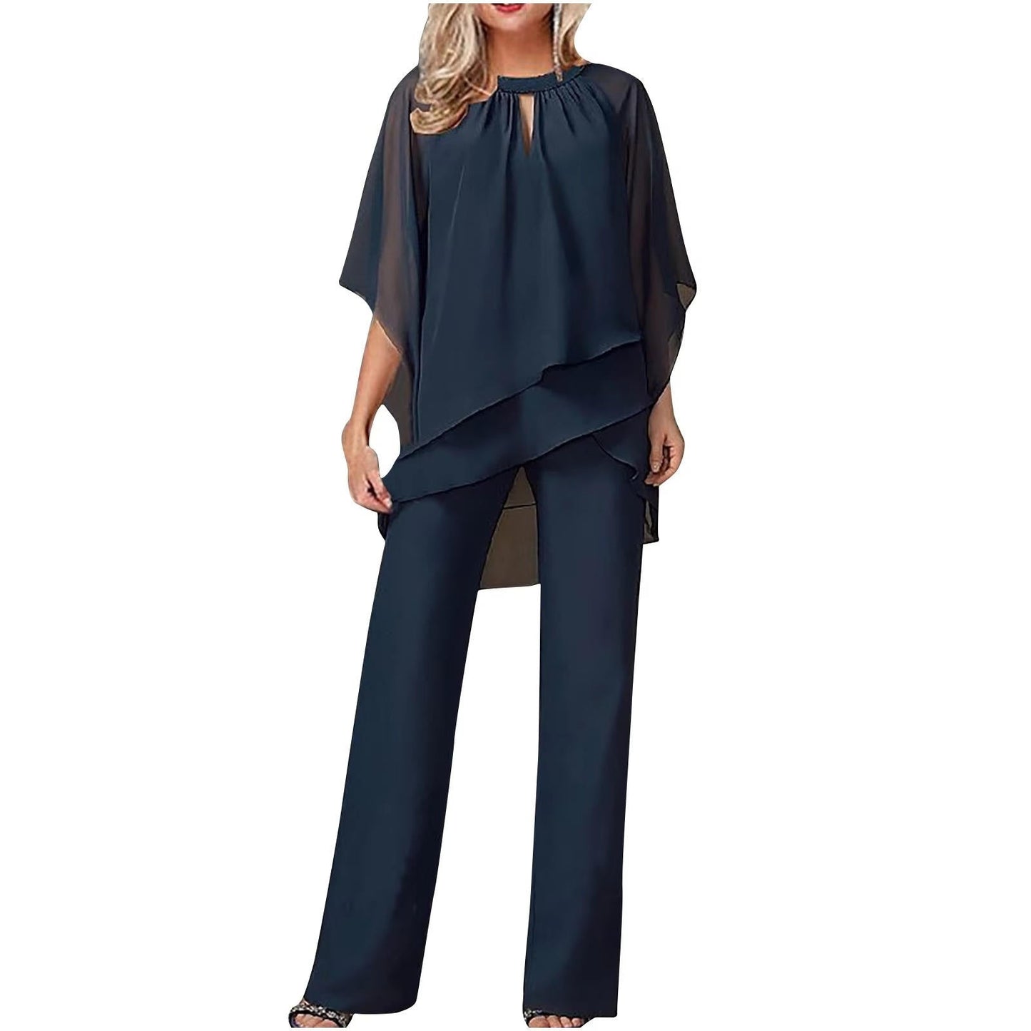 Vivienne Women's Wide Leg Pantsuit Chiffon Batwing Sleeves - Vonnera