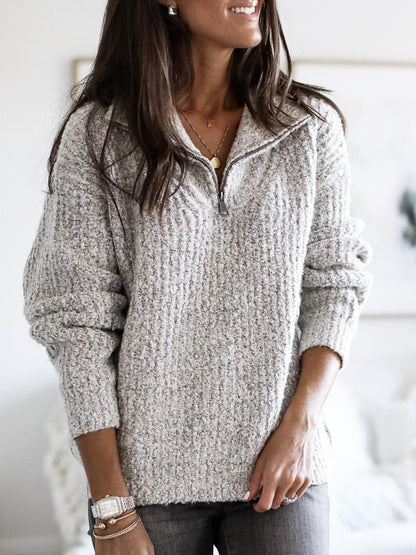 Women's Relaxed Fit Sweater Textured Knit Stand Collar Beige