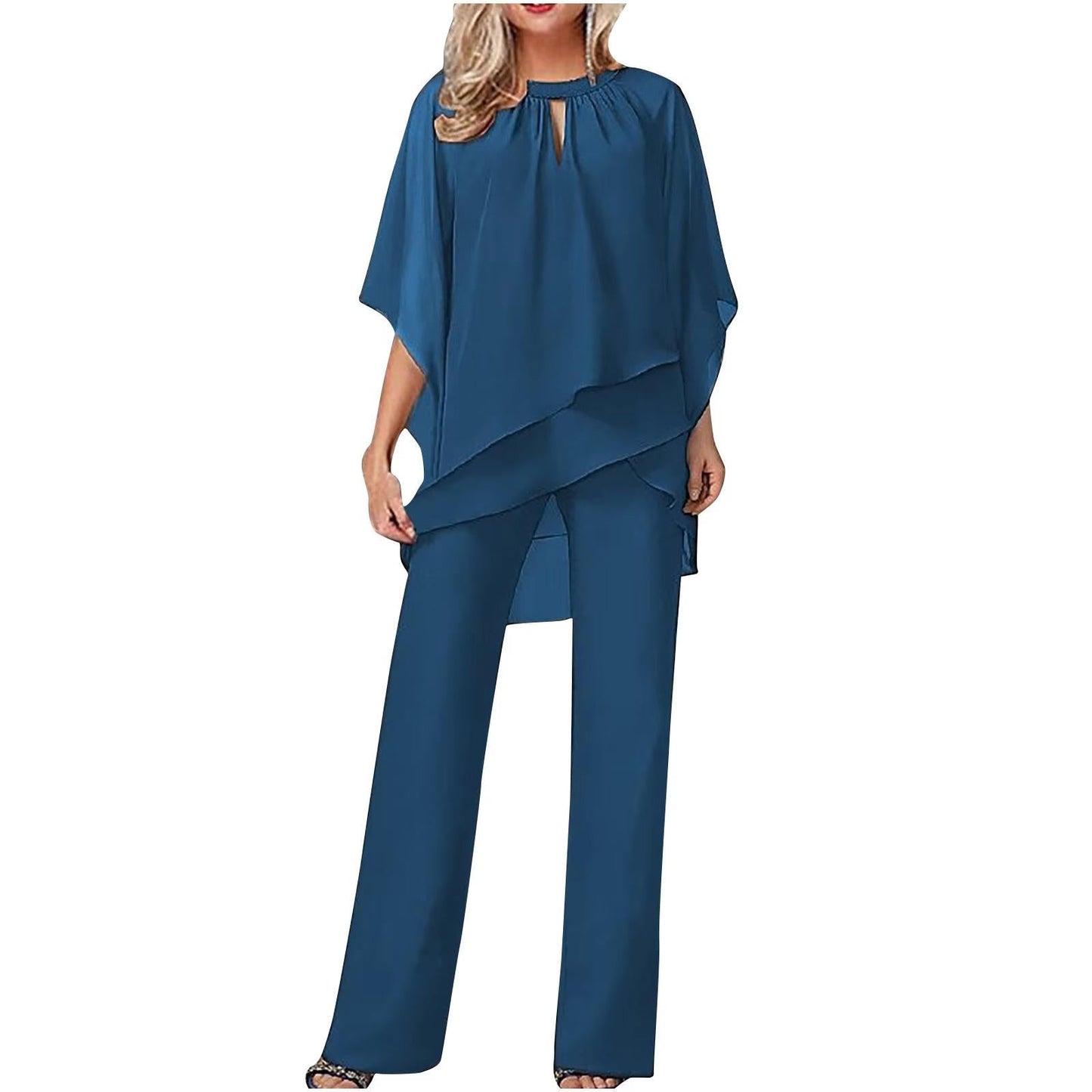 Vivienne Women's Wide Leg Pantsuit Chiffon Batwing Sleeves