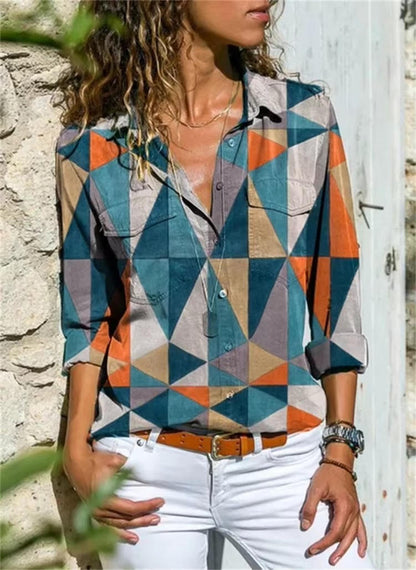 Women's Long Sleeve Geometric Print Shirt - Vonnera