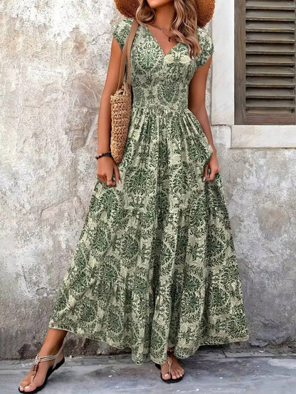 Women's Boho Maxi Dress Smocked Tiered Print