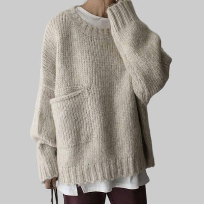 Women's Oversized Ivory Sweater Relaxed Fit Pocket Front - Vonnera