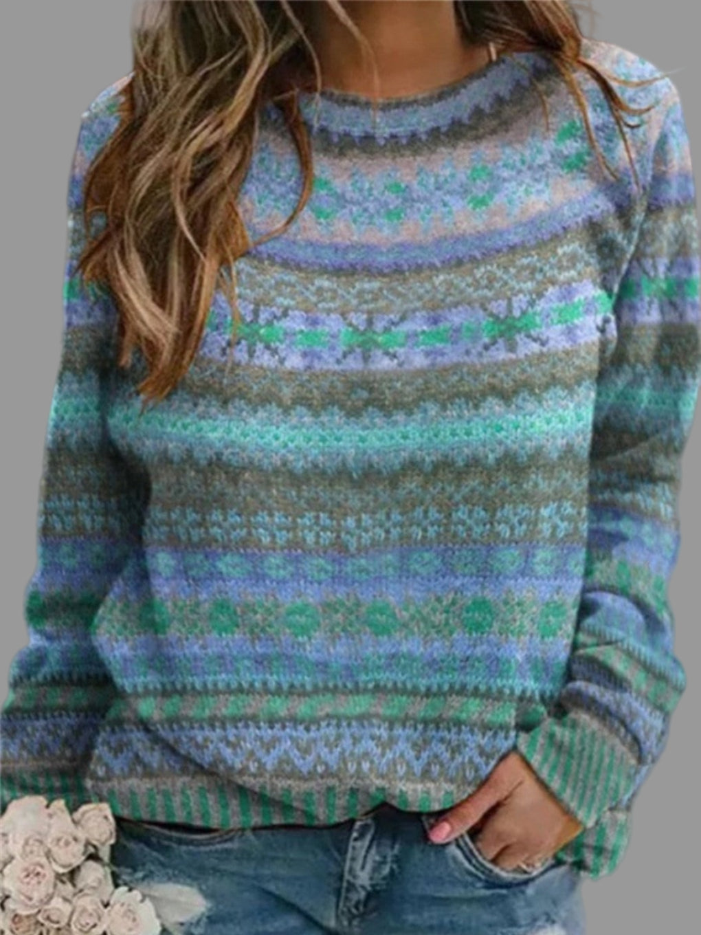 Women's Round Neck Sweater Soft Vintage Blue - Vonnera