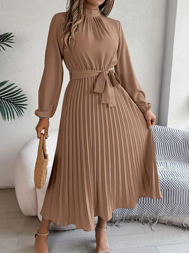 Women's Pleated Midi Dress Belted Waist