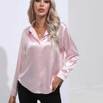 Women's Satin Long Sleeve Blouse Loose Fit