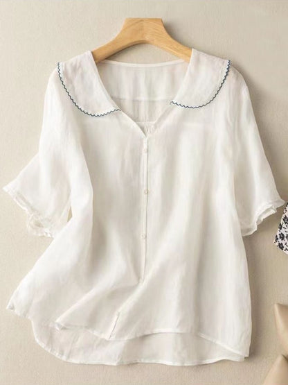 Women's Navy Cotton Linen Short Sleeve Shirt
