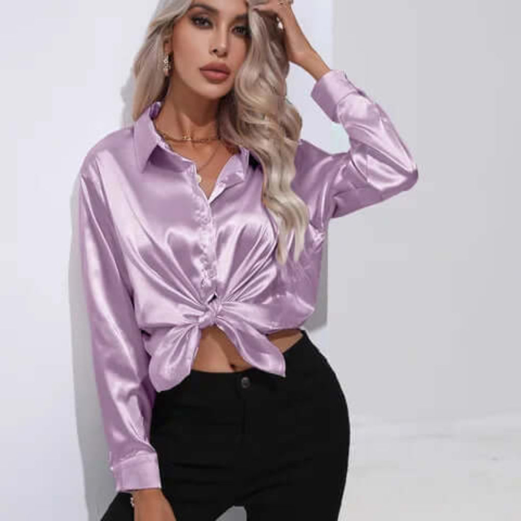 Women's Satin Long Sleeve Blouse Loose Fit