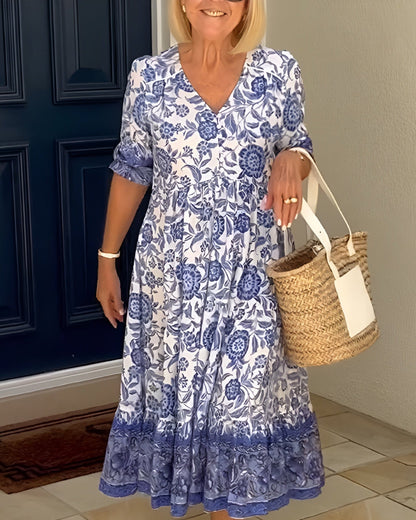Women's Midi Boho Dress Loose Fit Short Sleeve - Vonnera