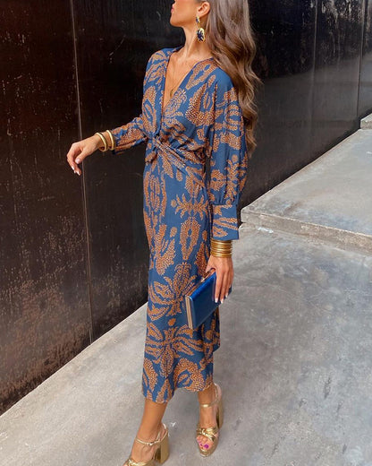 Women's Printed Midi Dress V-Neck Knot Front