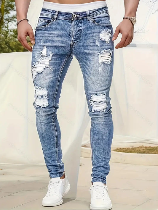 Men's Ripped Skinny Jeans Distressed Denim Dark Blue - Vonnera