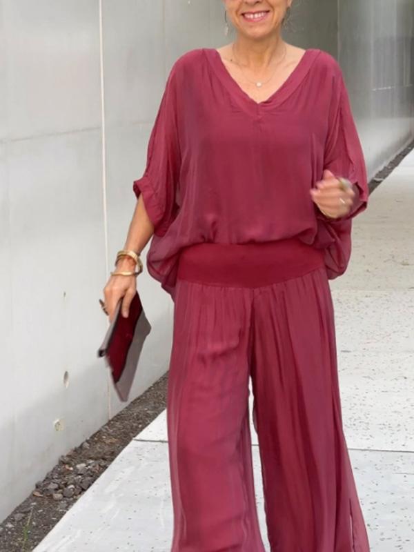 Women's V-Neck Jumpsuit Wide Leg Batwing Sleeve Olive