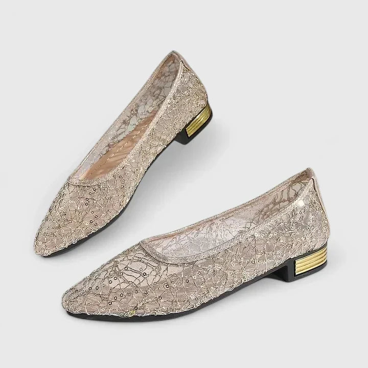 Women's Lace Pointed Toe Flat Shoes Low Block Heel