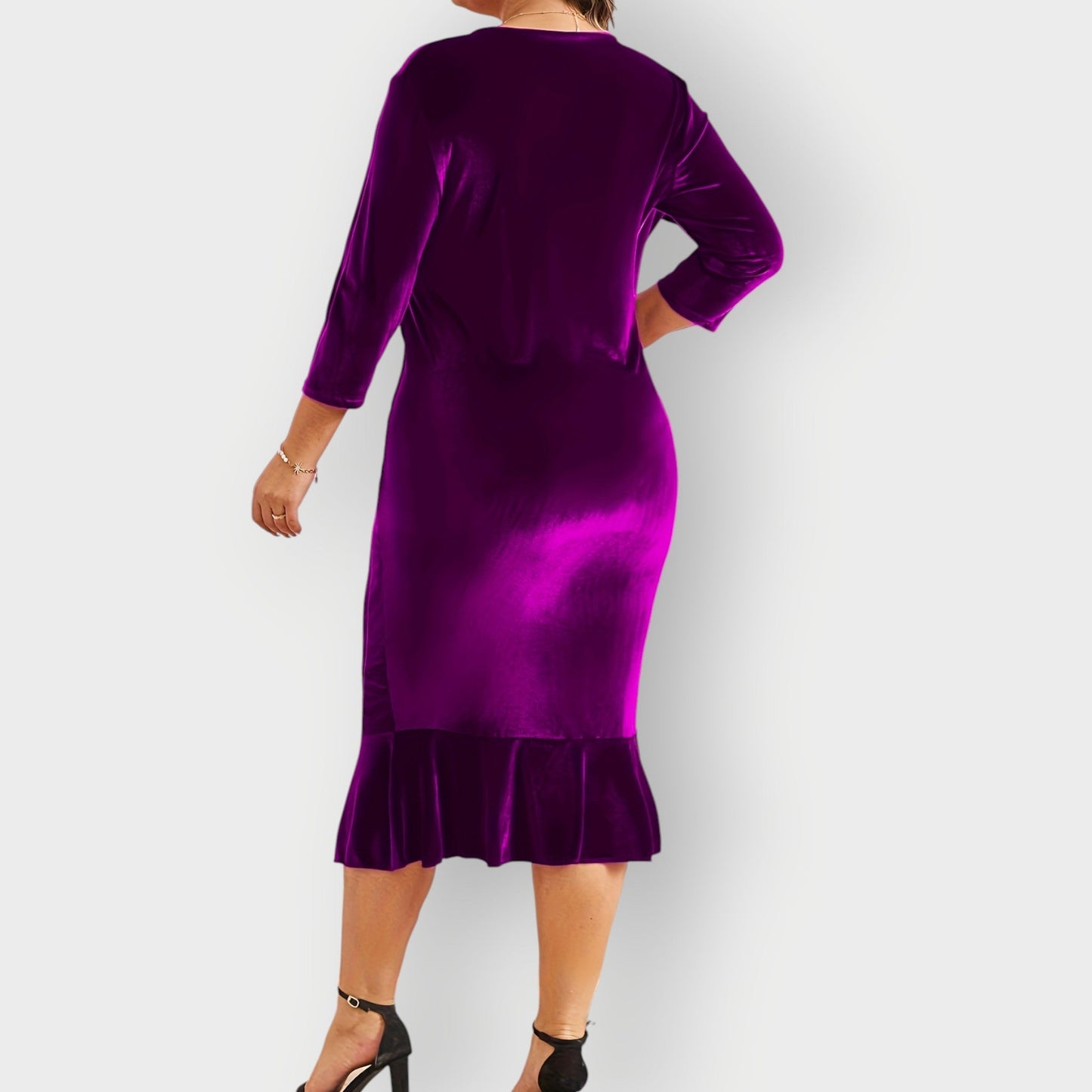 Women's Velvet Midi Dress Ruffle Detail Navy