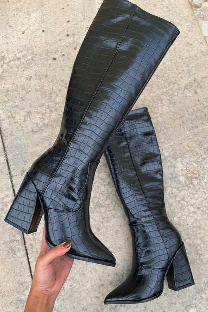 Women's Knee-High Block Heel Boots Textured Design