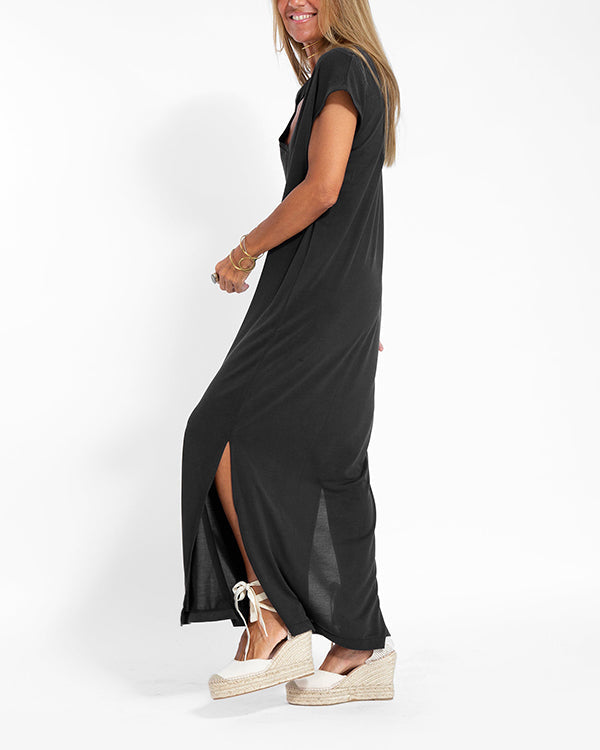 Women's V-Neck Short Sleeve Maxi Dress Coral