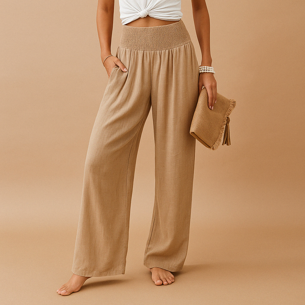 Women’s elastic waist summer trousers with straight legs and breathable design, perfect for warm weather outfits, casual outings, and relaxed summer style.