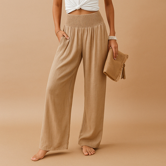 Women’s elastic waist summer trousers with straight legs and breathable design, perfect for warm weather outfits, casual outings, and relaxed summer style.