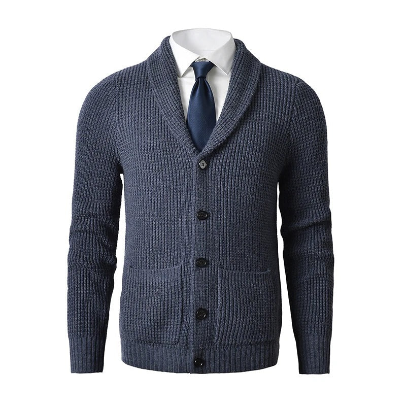 Men's Knit Cardigan Shawl Collar Button-Up Wool Blend Front Pockets