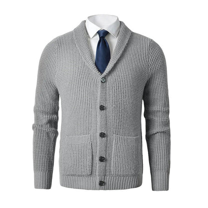 Men's Knit Cardigan Shawl Collar Button-Up Wool Blend Front Pockets