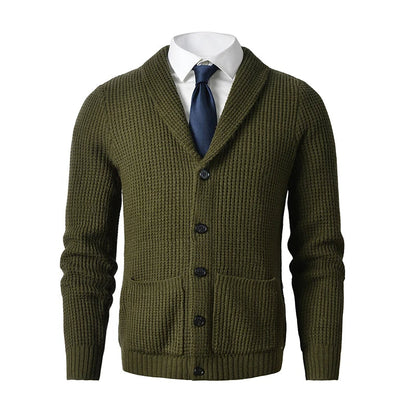 Men's Knit Cardigan Shawl Collar Button-Up Wool Blend Front Pockets