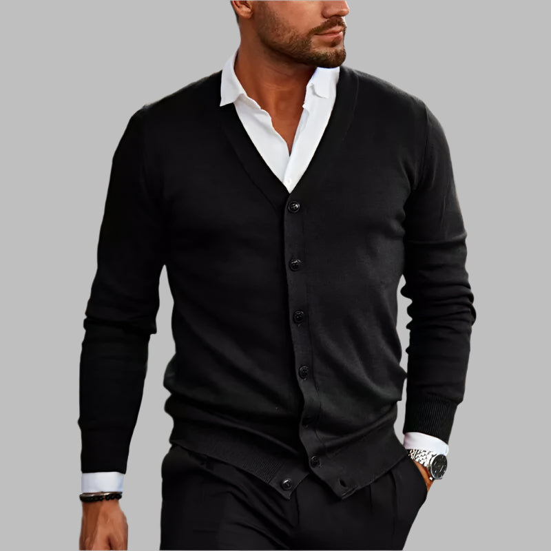 Men's Slim Fit V-Neck Cardigan Ribbed Hem Layering Sweater - Vonnera