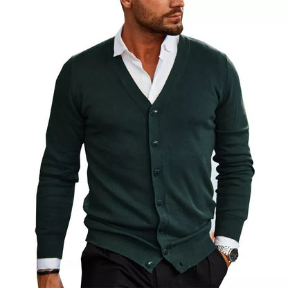 Men's Slim Fit V-Neck Cardigan Ribbed Hem Layering Sweater