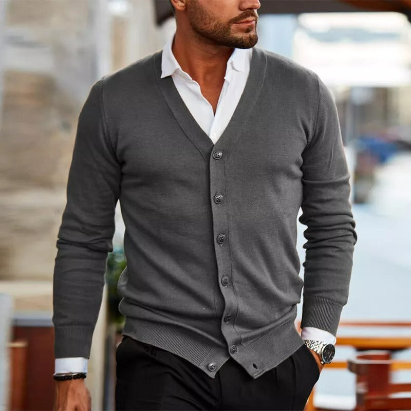 Men's Slim Fit V-Neck Cardigan Ribbed Hem Layering Sweater