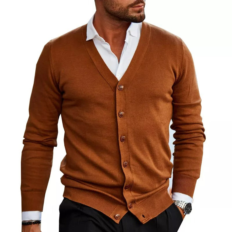 Men's Slim Fit V-Neck Cardigan Ribbed Hem Layering Sweater