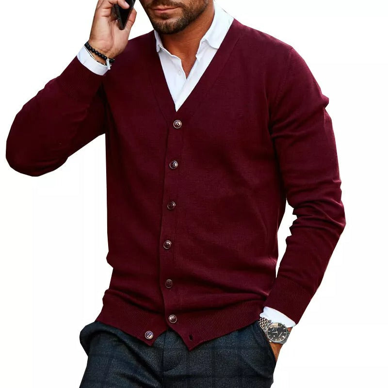Men's Slim Fit V-Neck Cardigan Ribbed Hem Layering Sweater