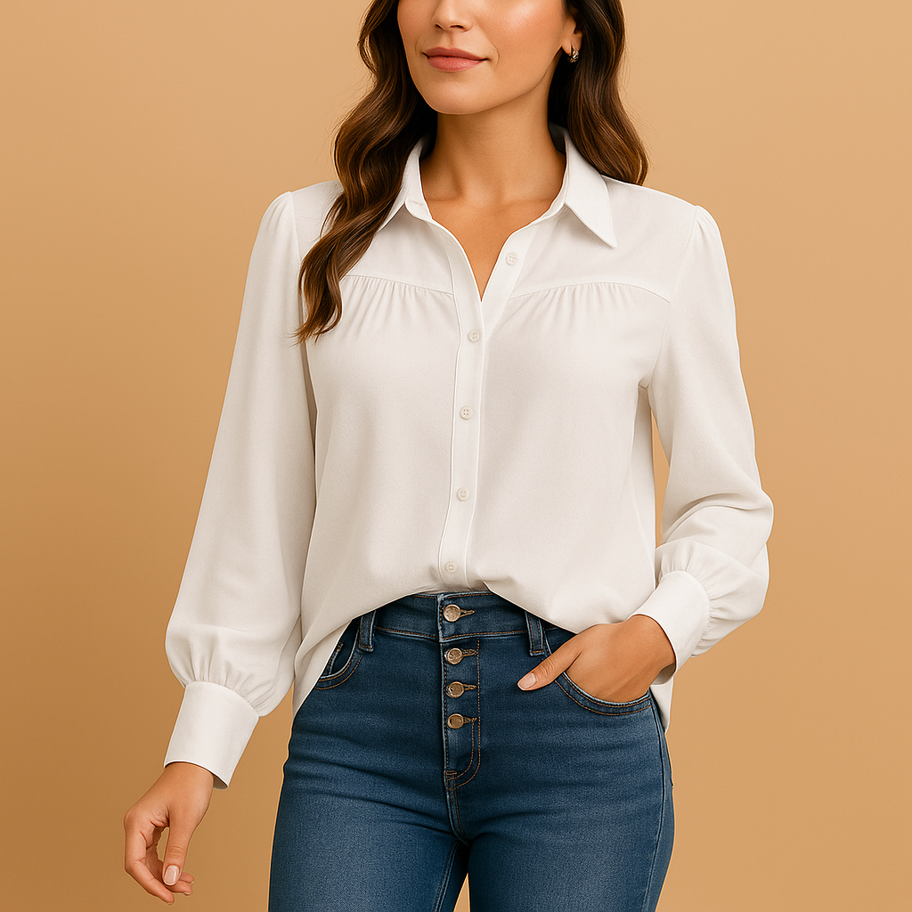 Women’s elegant lantern-sleeve blouse with a shirt collar, buttons, and gathered sleeves, ideal for work and everyday wear.