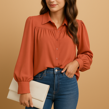 Women’s elegant lantern-sleeve blouse with a shirt collar, buttons, and gathered sleeves, ideal for work and everyday wear.