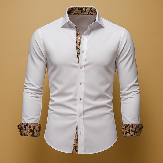 Elegant long sleeve dress shirt for men with a refined fit and classic design, ideal for formal occasions, evening dinners, and smart casual outfits.