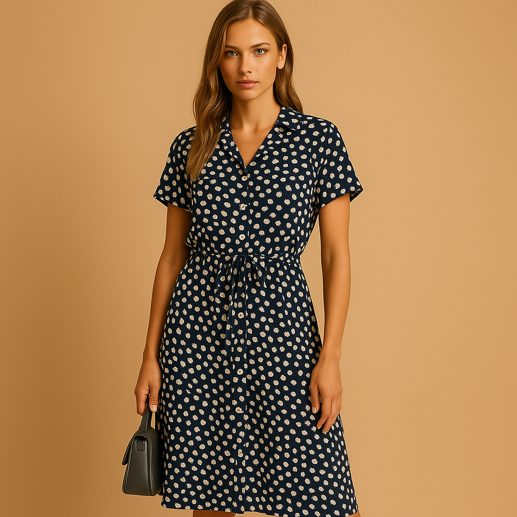 Women’s elegant midi dress with short sleeves and flattering fit, perfect for office wear, formal events, and everyday outfits.