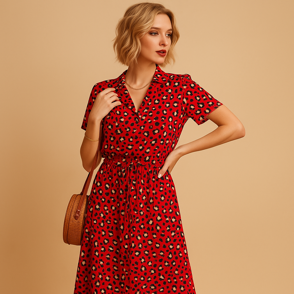 Women’s elegant midi dress with short sleeves and flattering fit, perfect for office wear, formal events, and everyday outfits.