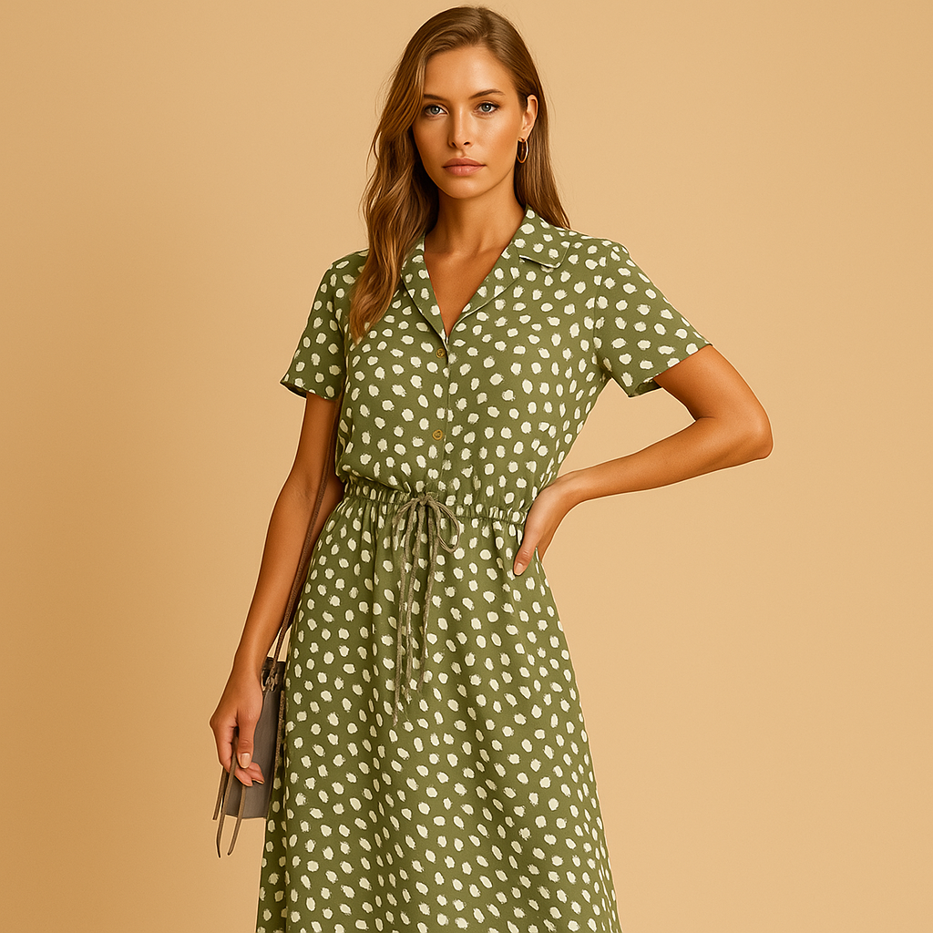Women’s elegant midi dress with short sleeves and flattering fit, perfect for office wear, formal events, and everyday outfits.