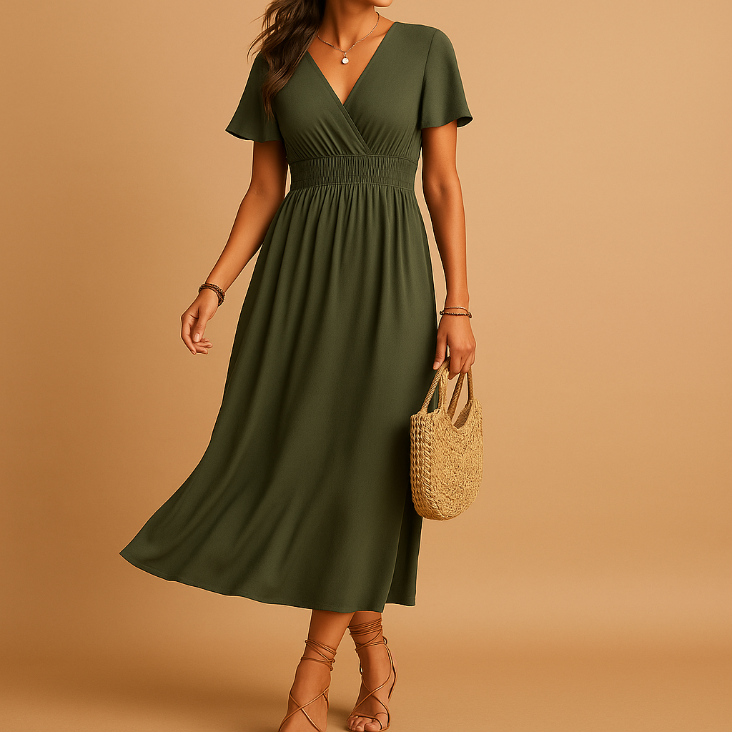 Women’s elegant midi dress with V-neck and slim silhouette in black, burgundy, or navy blue, perfect for formal and semi-formal occasions.