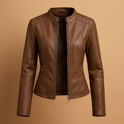 Woman wearing an elegant PU jacket for women with a regular fit, symmetrical zipper, and modern collar details, styled for autumn and spring looks.