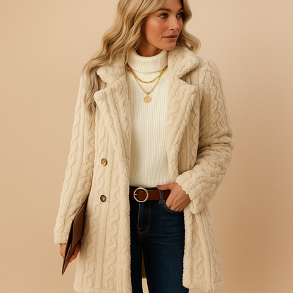 Elegant tailored winter coat for women with structured silhouette, available in apricot, black, red, and white, perfect for winter days and evenings out.