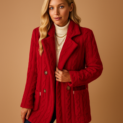 Elegant tailored winter coat for women with structured silhouette, available in apricot, black, red, and white, perfect for winter days and evenings out.