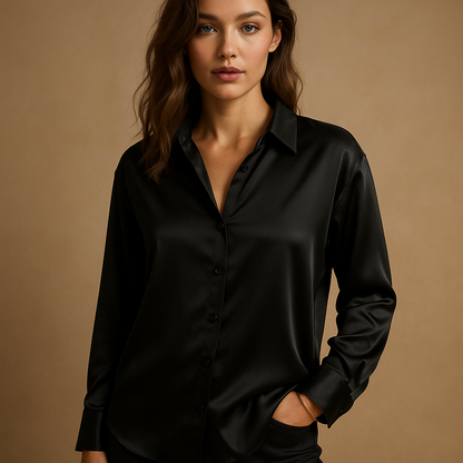 Women’s elegant v-neck blouse with collar and button closure, featuring a lightweight airy fit for work, casual wear, and formal occasions.