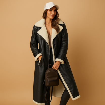 Women’s elegant wool-blend winter coat with classic lapel collar, long sleeves, and refined cold-weather styling.