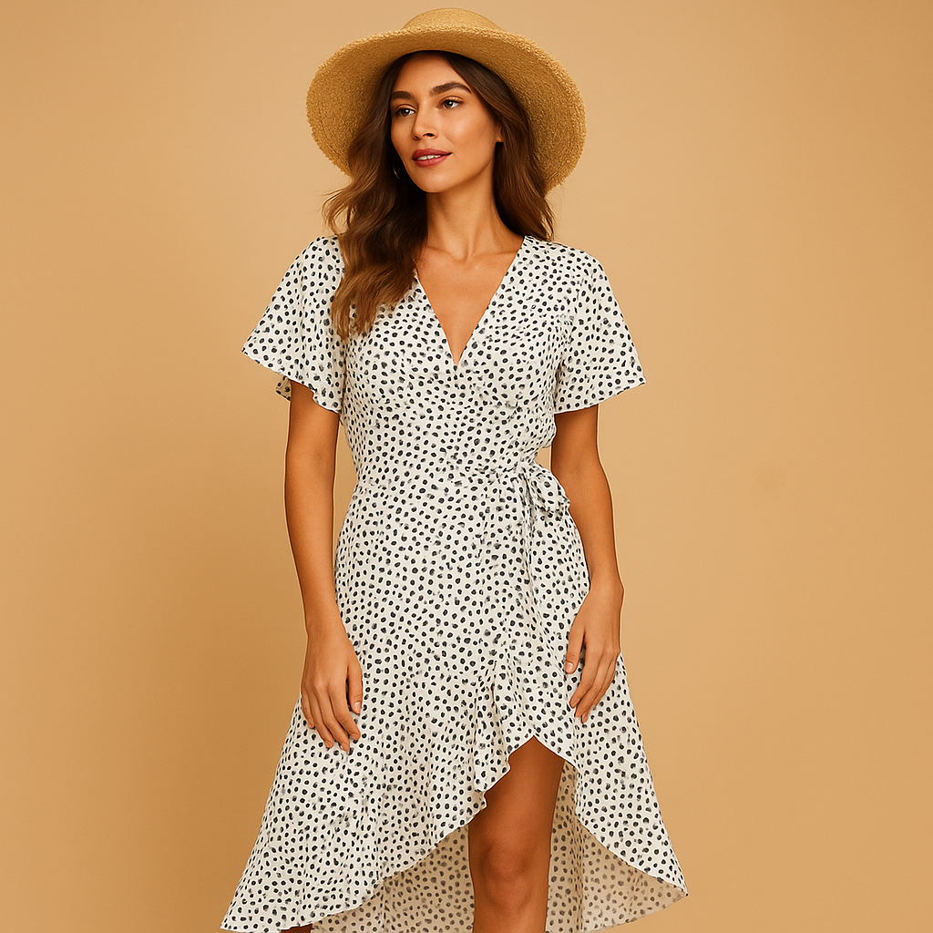 Elegant wrap dress with V-neck and asymmetrical hem for women in lightweight fabric, ideal for summer vacations and garden parties.