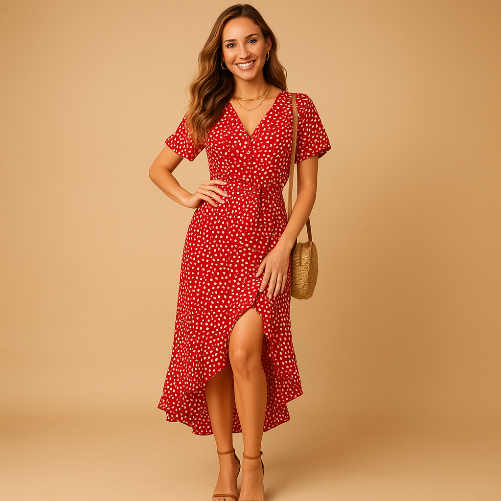 Elegant wrap dress with V-neck and asymmetrical hem for women in lightweight fabric, ideal for summer vacations and garden parties.