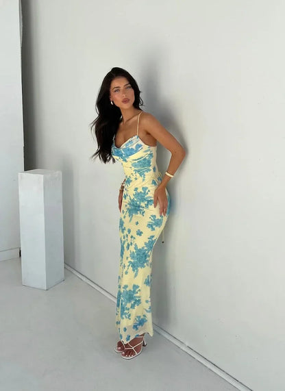 Women's Sleeveless Floral Maxi Dress Yellow Slim Fit - Vonnera