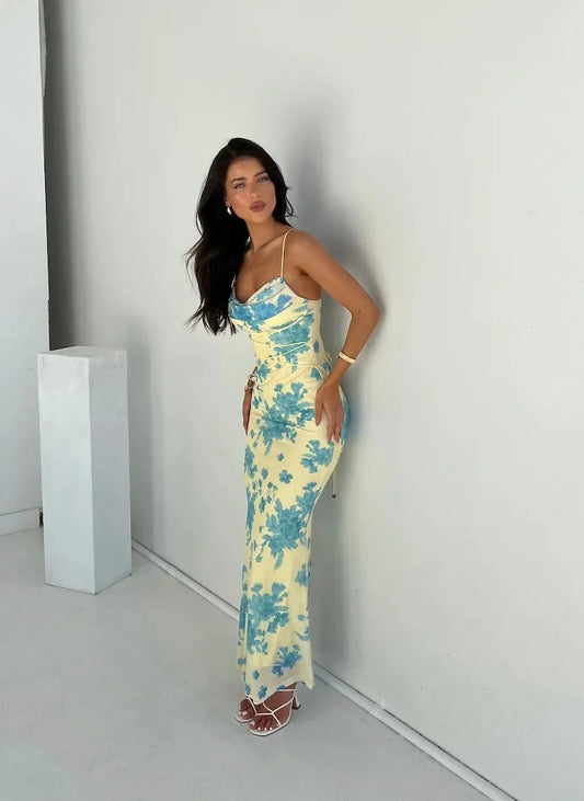 Women's Sleeveless Floral Maxi Dress Yellow Slim Fit - Vonnera