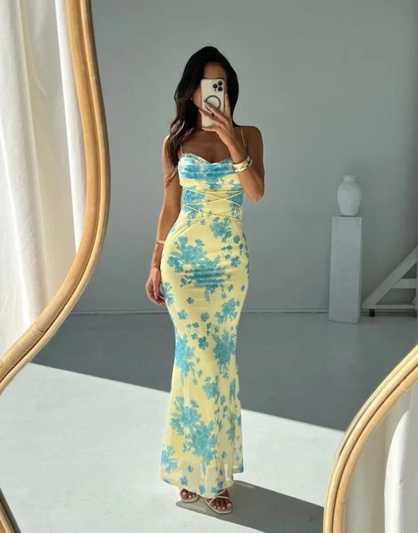 Women's Sleeveless Floral Maxi Dress Yellow Slim Fit