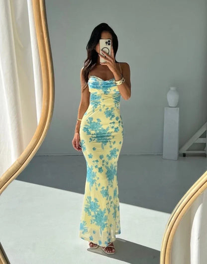 Women's Sleeveless Floral Maxi Dress Yellow Slim Fit