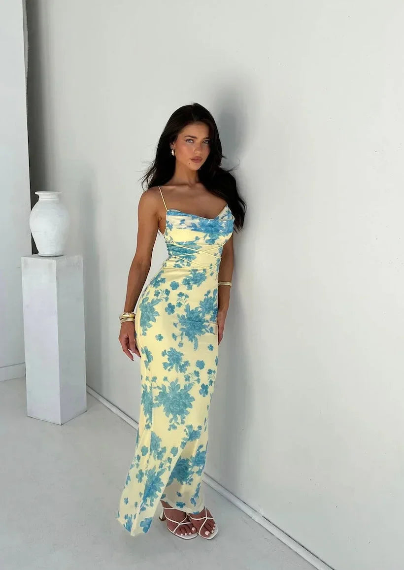 Women's Sleeveless Floral Maxi Dress Yellow Slim Fit