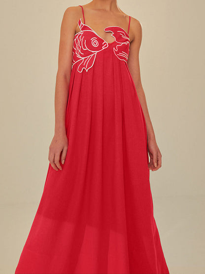 Women's Embroidered Maxi Dress Spaghetti Strap