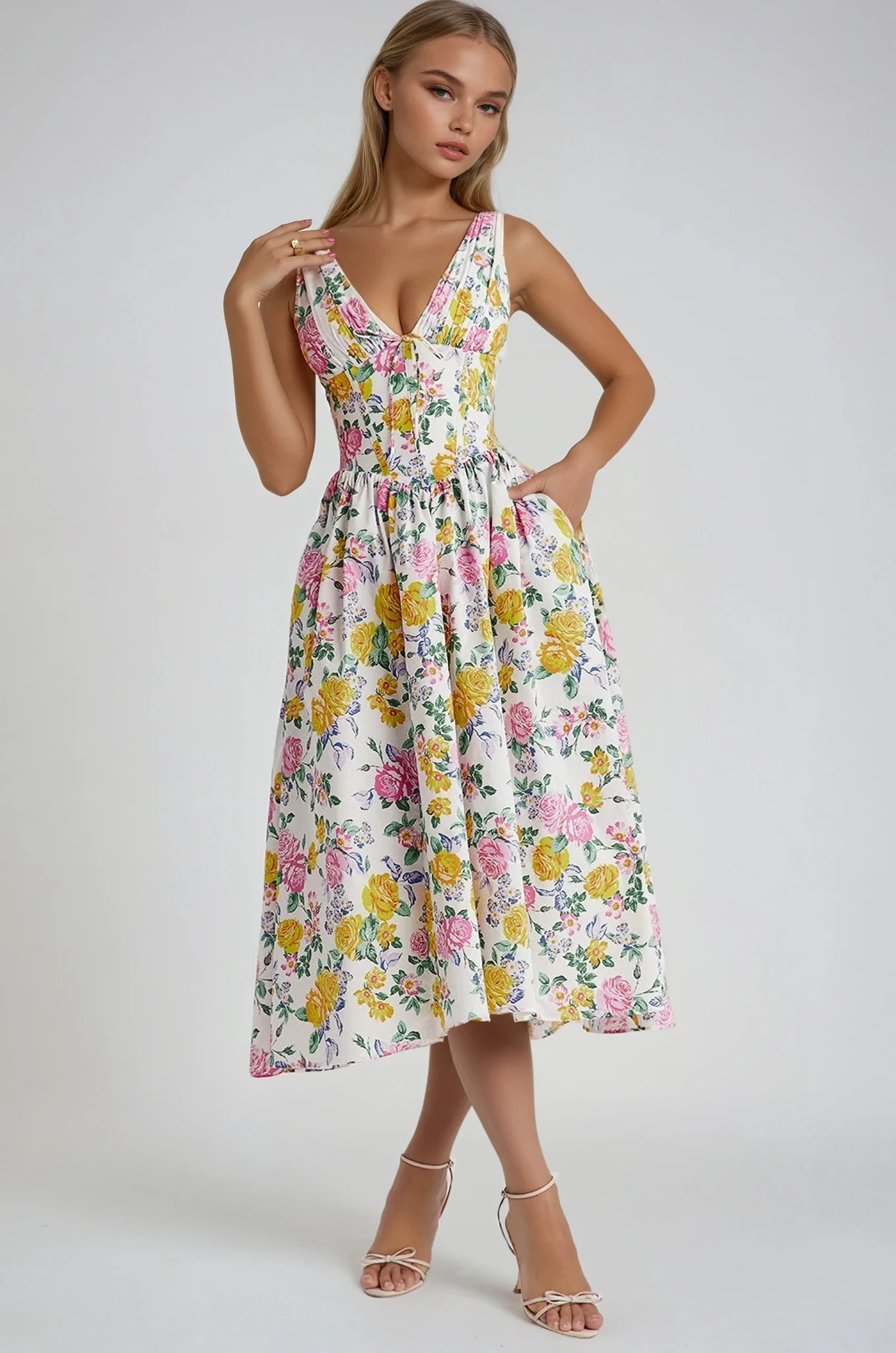 Women's Midi Floral V-Neck Summer Dress - Vonnera